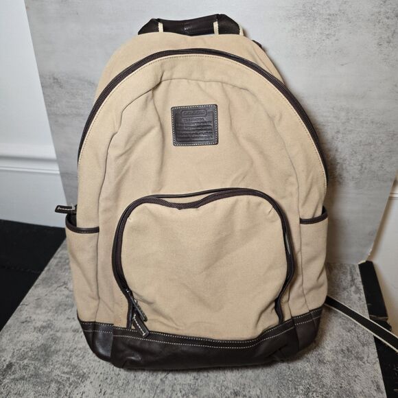 Coach  Backpack Canvas Khaki Leather Trim Brown Laptop Bookbag F70579 - Picture 1 of 9